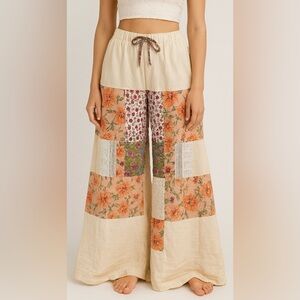 POL pants patchwork lace cotton cream flowy lightweight boho bohemian cottage S